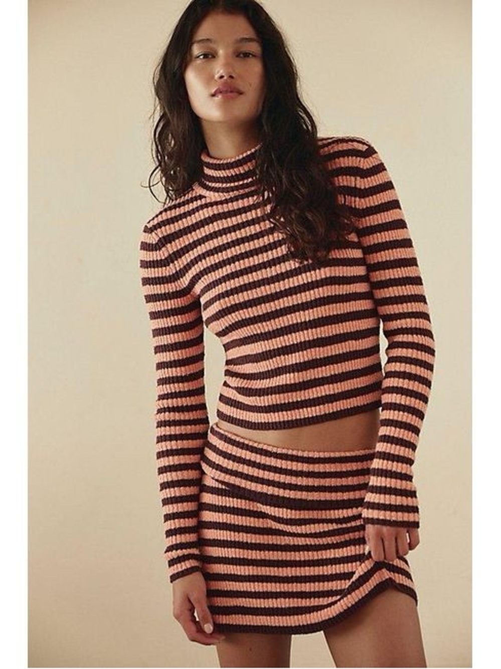 Free People Peach and Deep Plum Striped Ribbed Set